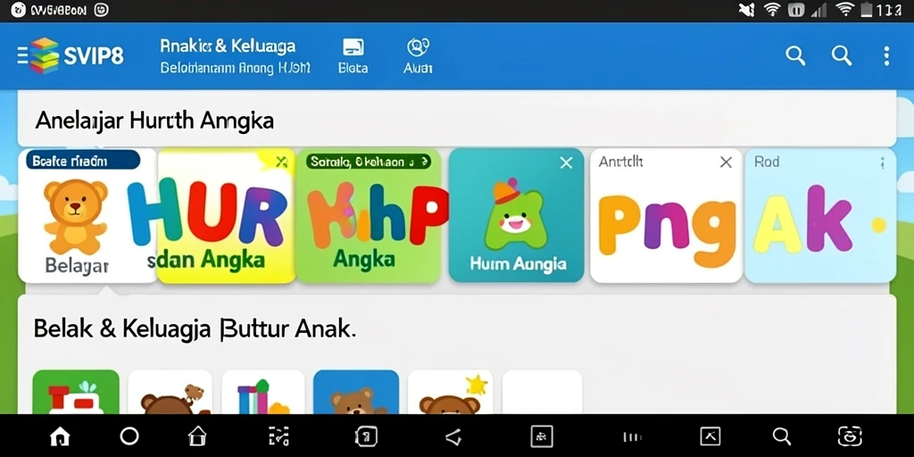 Antarmuka aplikasi SVIP8 yang menarik untuk belajar huruf dan angka.